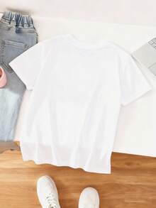 Girls Letter Graphic Print Round Neck Short Sleeve T-Shirt, Fashionable & Girls Clothing - White - View 3