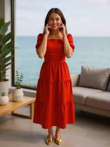 Lizo Short-Sleeved Ruffled Long Dress For Girls 12, 14, And 16, Available In Baby Red, Pink, Green, And Black. - Rojo - Ver 3