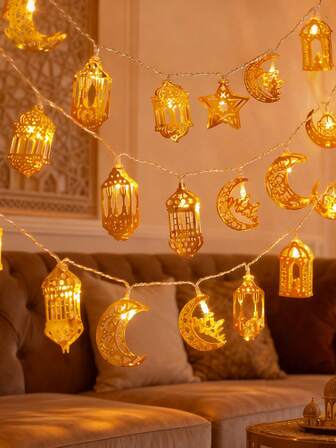 1.5m 10-Light Iron Star & Moon Architectural Pattern String Lights, LED Colorful Lights For Home Decor, Atmosphere Lighting For Living Room, Festive Decoration, Ideal Holiday Gift (Batteries Not Included)