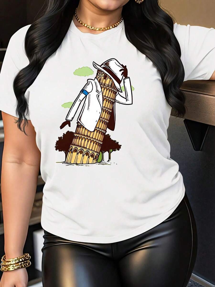 1 camiseta con estampado digital divertido Sombrero, chaqueta, torre inclinada, árboles 180g, serie clásica, camiseta de manga corta para mujer, 100% algodón, cuello redondo retro casual - Blanco - Ver 1