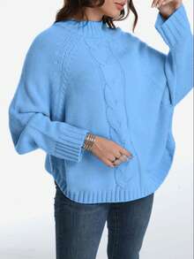 Plus Size Casual Solid Color Batwing Sleeve Pullover Sweater, Autumn/Winter - Light Blue - View 4