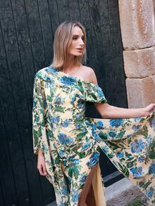 Faeriesty 花卉印花优雅雪纺单肩晚礼服，搭配飘逸的及地长裙 | 优雅浪漫的正式设计 | 完美适用于婚礼宾客、花园派对、盛大晚宴和春季正式晚宴 - 藍色 - 查看 6