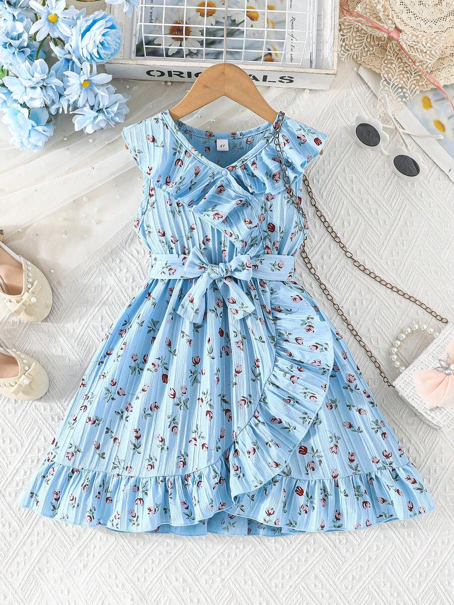 Young Girls' Elegant Floral Print Dress, Summer - Baby Blue - View 1