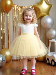 Baby Girls Hooded Sleeve Contrast Lace Mesh Bow Back Cute Birthday Party Dress, Suitable For Flower Girl, Wedding, No Headband Included - Champagne - View 4
