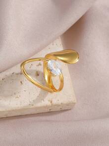 1 pieza Anillo de mujer de lujo con circonita estilo francés, diseño geométrico chapado en oro de 18K de acero inoxidable, adecuado para uso diario, citas, fiestas, conciertos, joyería - Amarillo Oro - Ver 13