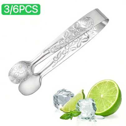3/6pcs Silver Mini Serving Clips, 4.33 Inch Stainless Steel Sugar Block Clips, Mini Serving Clips, Small Rose Sugar Ice Clips, Ice Clips, Parties, Dishwasher , For Coffee, Appetizers, Desserts, Snacks, Candy, For Buffet, Bar, BBQ And Catering Events
