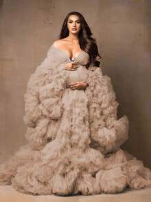 1pc  Floral    Party  Elegant    Mesh Fabric    Knot  Ruffle Hem    Maternity Dress  Wedding    Summer Fall Spring Winter  Ruffles  Long Sleeves  Kimono  Pregnant Gowns For Photoshoot  Plus Size  Gift For Valentine Day - 香檳色 - 查看 1