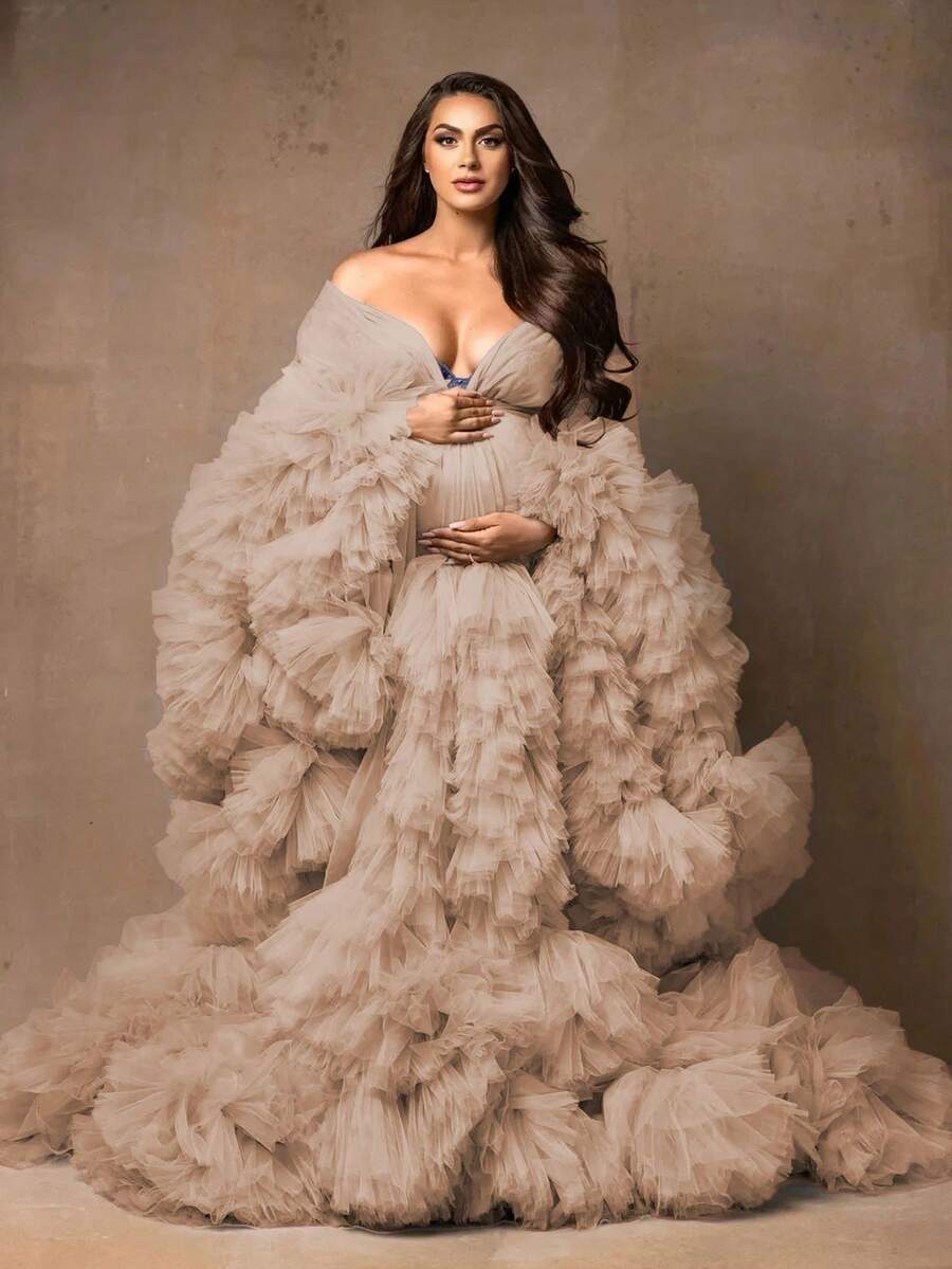 1pc  Floral    Party  Elegant    Mesh Fabric    Knot  Ruffle Hem    Maternity Dress  Wedding    Summer Fall Spring Winter  Ruffles  Long Sleeves  Kimono  Pregnant Gowns For Photoshoot  Plus Size  Gift For Valentine Day - 香檳色 - 查看 1