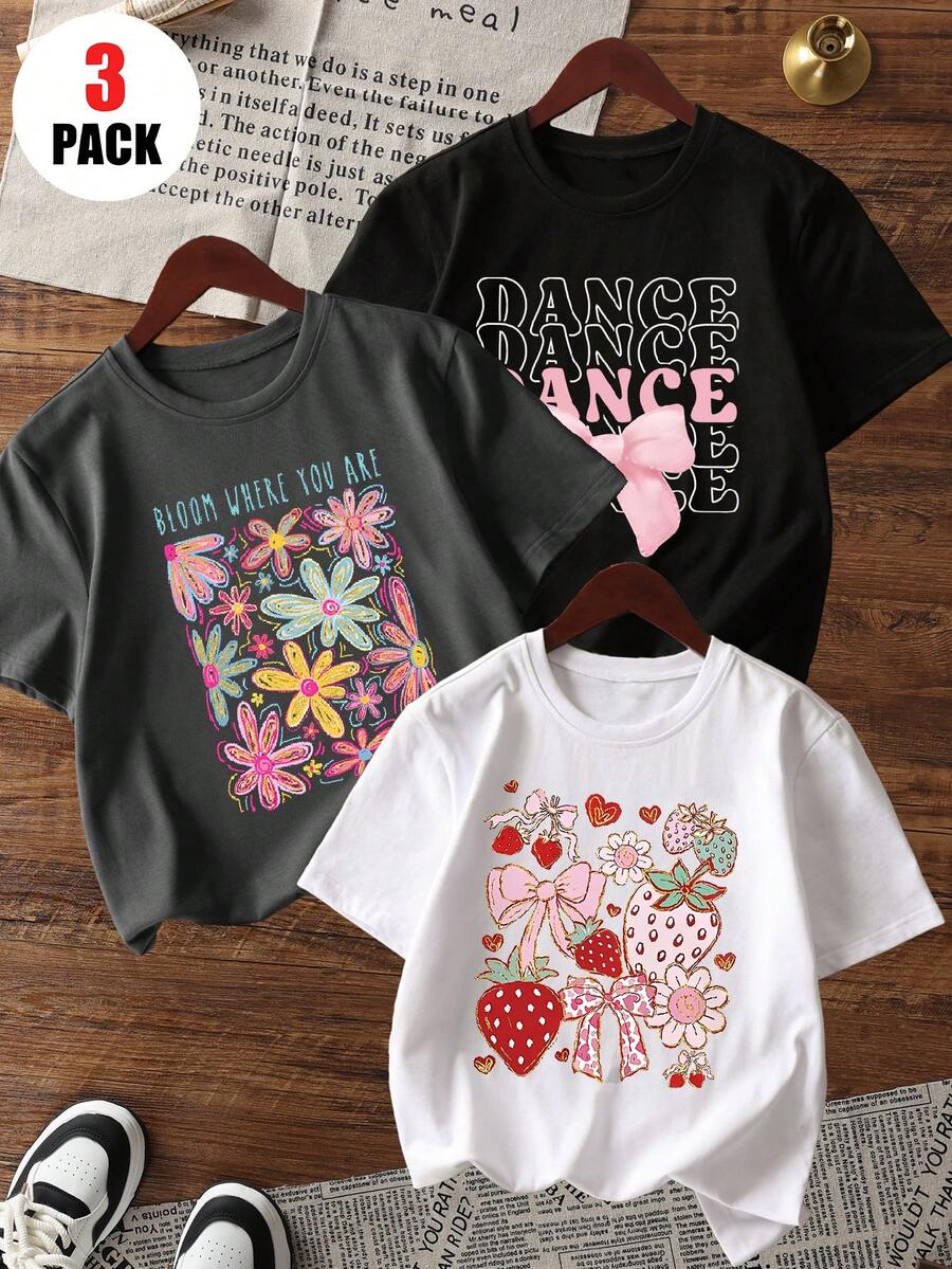 3pcs/Set Girls Casual Printed Round Neck Short Sleeve T-Shirt, Summer Student Young Children Clothing - Strawberry, Floral, Bow Print T-Shirts Bring Joy And Happiness To Every Child! - Dark Grey - View 1