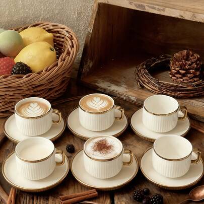 1/6 Set Gold Rim Embossed Ceramic Coffee Cup (Cup + Saucer) Luxury Coffee Cup & Saucer Set/Mug, High-End Exquisite Tableware, Ideal For Afternoon Tea. This Elegant Coffee Cup Is Perfect For Serving Cappuccino.