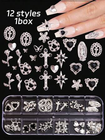 1盒3D美甲饰品和黑色宝石，用于美甲艺术，包含心形、星星、十字架美甲装饰、美甲配件和美甲用品