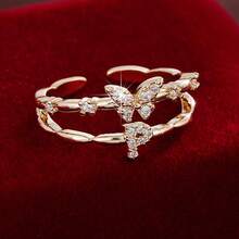 1pc Letter Design Cubic Zirconia Inlaid Adjustable Open Ring For Women - Multicolor - View 40