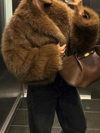 Camellia New Autumn/Winter Faux Fox Fur Collar Fashionable Short Jacket, Youthful Artificial Fur Coat