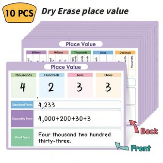 Place Value Chart Math Practice 10PCS Small White Board Dry Erase Sheets Math Learning Tool Kindergarten Math Supplies Homeschool Teacher Students Classroom Teaching Aids