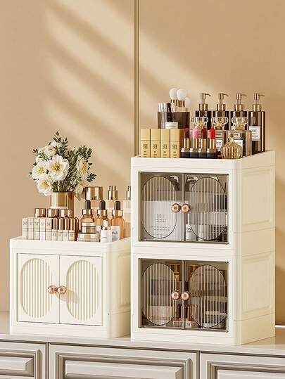1 قطعة صندوق تخزين مستحضرات التجميل متعدد الوظائف قابل للطي ذو باب مزدوج، سعة كبيرة مقاوم للماء ومقاوم للغبار، بلاستيك منظم، مناسب لطاولة المكياج والحمام، يمكن تخزين أحمر الشفاه والفرش والكريمات والظلال والطلاء والمجوهرات وغيرها، مناسب أيضًا لتنظيم المكتب، قابل للاستخدام في الغرفة والمنزل والنوم والحمام والمعيشة والديكور الوردي