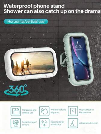 360° roterande vattentät duschtelefonhållare, duschtelefonfodral, utdragbar, justerbar vinkel, imfri högkänsligt skyddsfodral, lämplig för badrumsvägg, spegel, badkar, kök, vattentät badrums pekskärmstelefonhållare, väggmonterad pekskärmstelefonhållare utan borrning