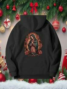 1pc Men' S 260G 100% Polyester Our Lady of Guadalupe Classic Graphic Hoodie Black Pullover Sweatshirt, Drawstring Hood, Front Pocket Casual Fall Winter Apparel Concerts & Everyday Outfits Washable Merchandise, Unisex Adult & Youth Sizes, Gym Shirts, Everyday Comfort, Sporty Look, Comfortable and warm, suitable for Christmas, Halloween, Thanksgiving, Soft Material  Streetwear Lovers - Negro - Ver 6