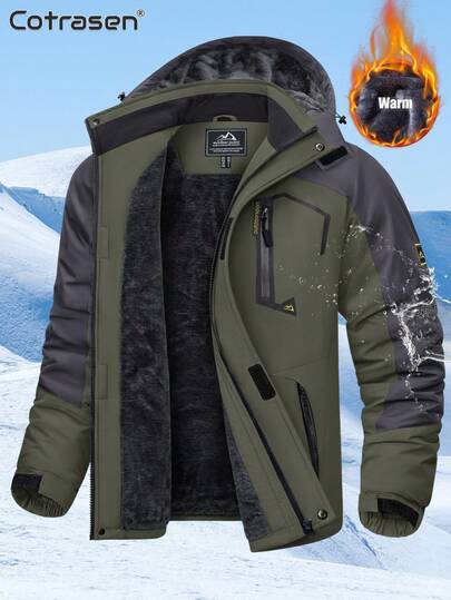 Cotrasen Men's Winter Fleece Jacket Waterproof Windproof Ski Snow Jacket Thicken Warm Mountaineering Hiking Jacket Hooded Rain Coat