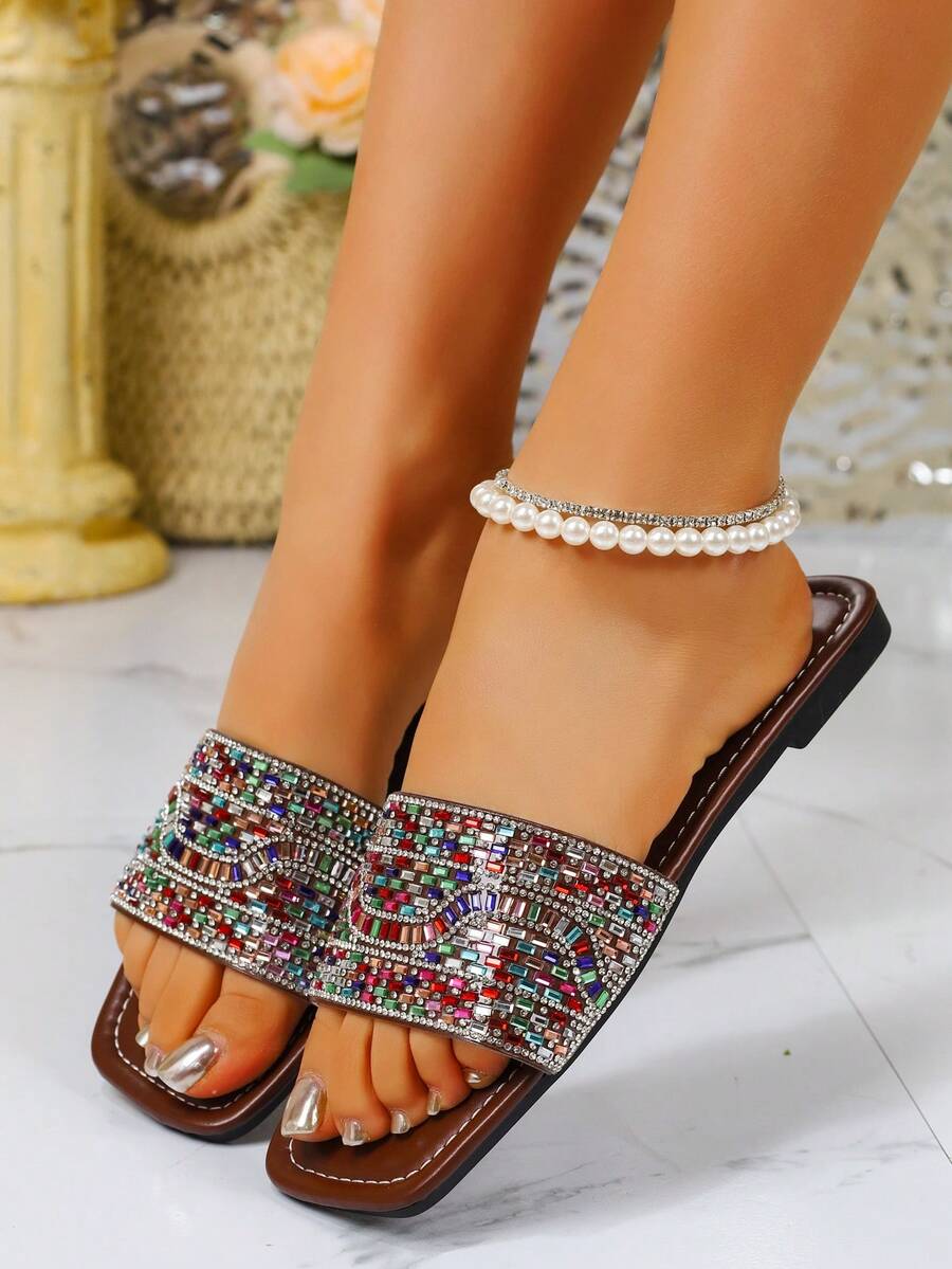 Summer New Rhinestone Slip-On Beach Sandals, Fashionable Flat Slippers - Coffee 1 - View 1