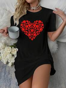 Paw Print Heart Cute Valentines Day Dog Cat Lover Owner Gift T-Shirt Dress Women's Dress, Casual Summer Dress - 黑色 - 查看 5