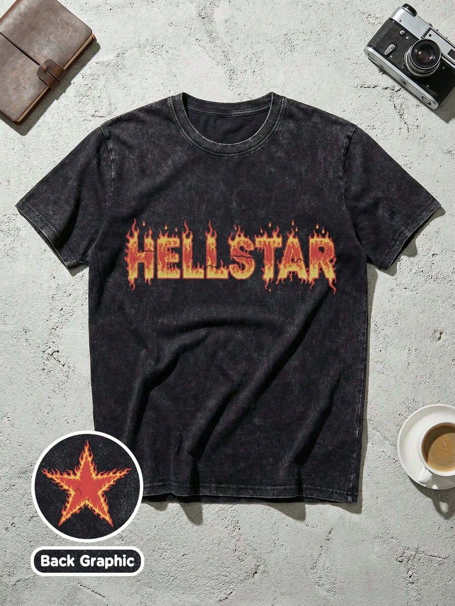 Unisex Streetwear, Men's Y2K Grunge Hellstars Slogan & Flaming Fire Text Graphic Double-Sided Print T-Shirt, Acid Washed Tee, Dark Aesthetic Oversized T Shirt, Graphic Tees Men, Camisetas Para Hombre, Ropa De Hombre, Playera De Hombre, Navidad - màu đen - Xem 1