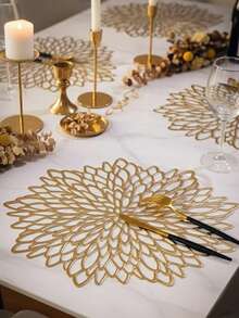 10pcs Gold Flower Pattern 15-Inch Round Placemats, 3.94-Inch Round Hollow Flower Coasters, Washable, Easy To Clean, Wipe-Clean, Non-Slip, Heat-Resistant, Suitable For Room Decor, Dining Table Decor, Home Decor, Holidays, Parties, Birthdays, Weddings And Dinners. - Multicolor - View 9