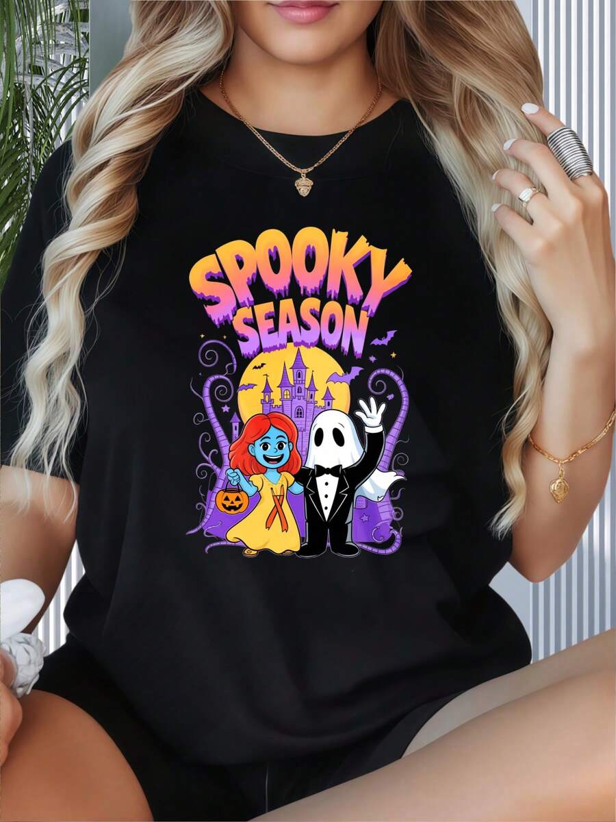 Spooky Season Halloween T Shirt With Jack Skellington And Sally From  Cartoon Design For Women Plus Size Comfortable Casual TopWomen's T-Shirt With Round Neck And Short Sleeves, Disney Theme Fun Printing, Suitable For Christmas Partysports Activitiesholiday PartiesoutingsNew Year Gift Sports And Other Holiday Gifts (220g). - 黑色 - 查看 1