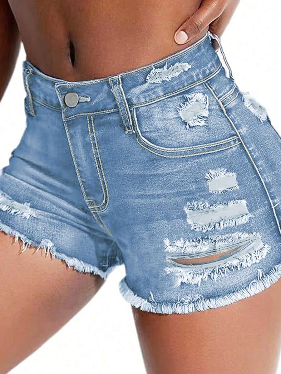 Mid-Rise Skinny Stretch Denim Shorts - Distressed Frayed Hem, Showcasing Fashionable Style Casual Summer - Light Blue - View 1