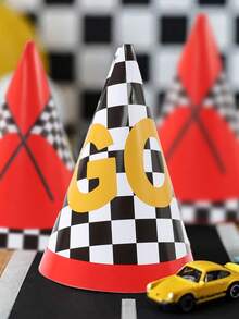 6顶赛车主题生日派对帽，“Let's Go Racing”纸质派对帽，适合赛车主题生日派对装饰，赛车旗图案派对锥形帽，赛车主题男孩生日派对装饰，性别揭晓派对用品，赛车运动主题生日派对装饰，赛车主题生日拍照道具，赛车主题生日派对小礼物 - 賽車主題 - 查看 4