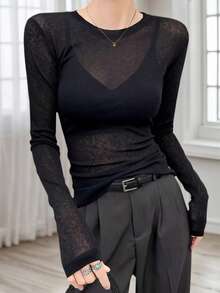 Y2K 弹性透视长袖圆领修身 T 恤外出上衣