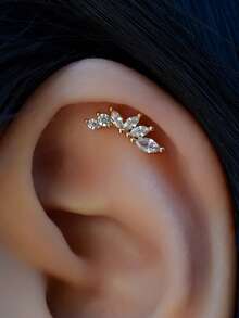 1 pieza Pendientes de perforación plana con barra de cristal CZ 20G para trago, cartílago, hélice, concha, roca, estándar plano, joyería para mujer - Un pendiente de circonita redondo y curvado - Ver 2