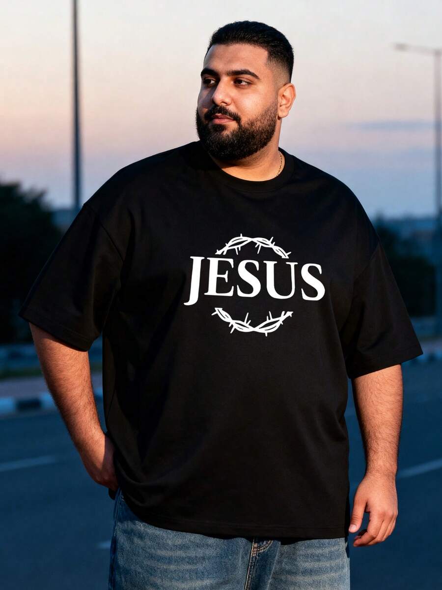 AnChiStreetwear - Herren Große Größen Lässig Mode Einfach Vielseitig Alltäglich Buchstaben Buchstaben Muster Schwarz Kurzarm Rundhals T-Shirt - Schwarz - Übersicht 1