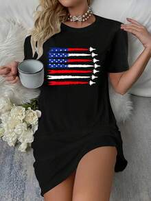 Patriotic Red White Blue USA Flag Fighter Jets 4th Of July T-Shirt Dress Women's Dress, Casual Summer Dress - 黑色 - 查看 5