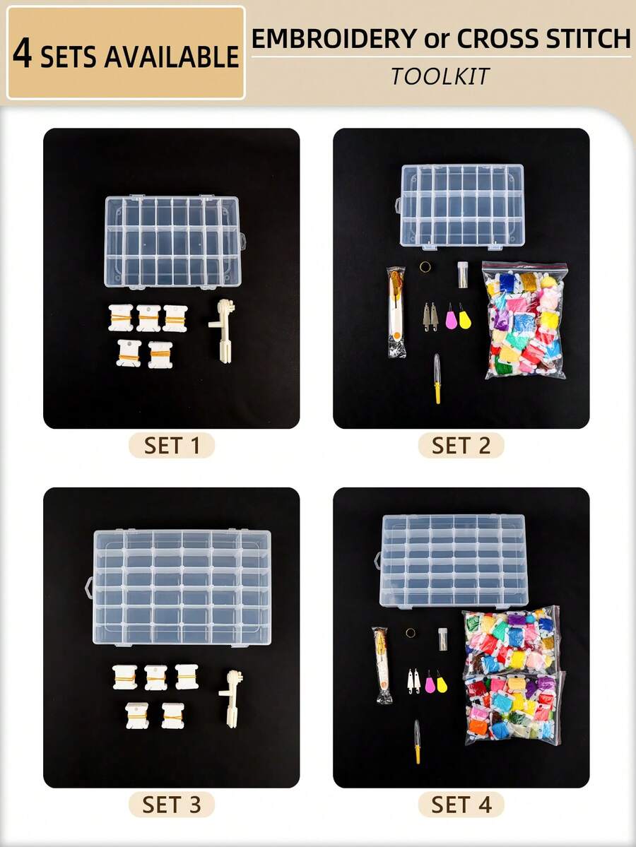 1 Set Handmade DIY Embroidery Cross Stitch Thread Box Kit, Sewing Storage Box Tools Including Needle Case, Thread Organizer, Bobbin Winder, Threader, Ripper, Scissors, Needles, Thimble