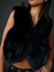 Faux Fur Vest Women Fall Fashion Sleeveless Fuzzy Jacket Fluffy Coats Winter Clothing Furry Outerwear Vests - 黑色 - 查看 4
