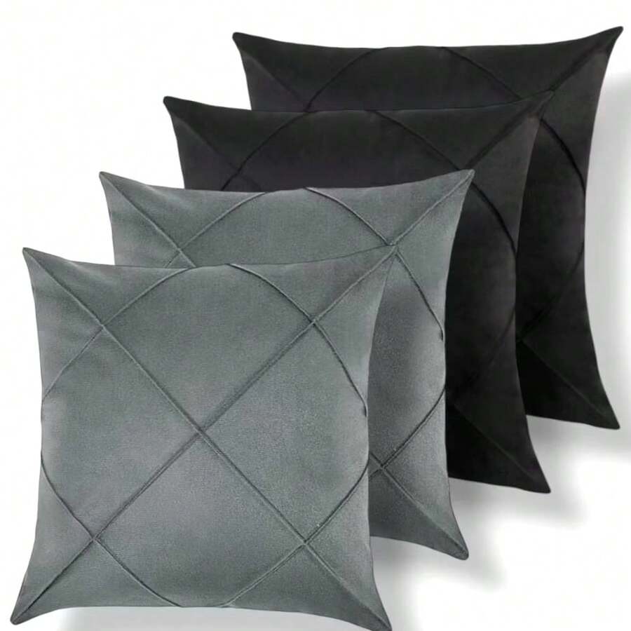 Set Of 4 And 2 Draped Suede Cushion Covers 44x44cm Decoration - Gray/Black - View 1