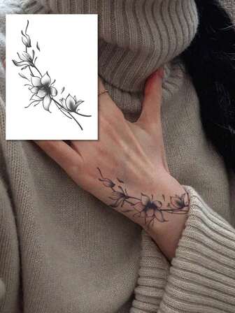 1张草本纸质持久临时纹身贴纸，时尚小碎花图案，适用于手臂/腿部/胸部，防水不反光，男女通用，可用于身体彩绘，适用于手臂、背部、腿部、颈部 - 草本提取物汁液纹身逼真自然，易于粘贴，可在皮肤上保持7-14天