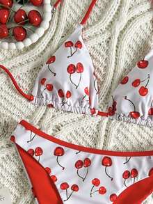 水果蔬菜印花可爱露背系带女士泳衣套装，沙滩度假 - 彩色 - 查看 4