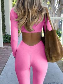 Damen Nude Feeling Enges Yoga Langarm Top und Hohe Taille Sporthose Set