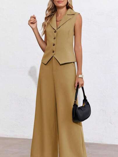 Womens Vest Sets Summer 2 Piece Elegant Outfits Button Crop Blazer Vest And Wide Leg Pant Suits