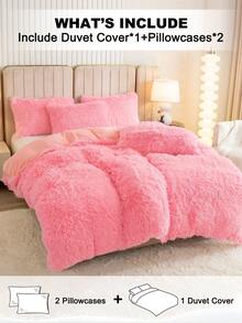 三件套纯色蓬松床上用品，包含一个被套和两个枕套，适用于卧室、客房，尺寸可选：特大号、大号、标准大号、单人床，圣诞礼物 - 粉色 - 查看 2