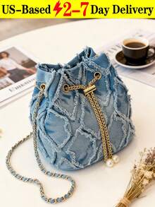 [US-Based Shipping]New Fashion Classic All-Match Solid Color Diamond Lattice Raw Edge Metal Drawstring Opening And Closing Design Shoulder Bucket Bag, Elegant Women's Wallet, Suitable For Shopping, Commuting To Work, Party Gatherings - Màu xanh lam - Xem 1