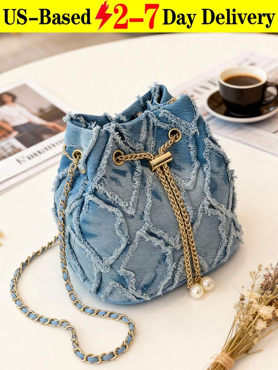 [US-Based Shipping]New Fashion Classic All-Match Solid Color Diamond Lattice Raw Edge Metal Drawstring Opening And Closing Design Shoulder Bucket Bag, Elegant Women's Wallet, Suitable For Shopping, Commuting To Work, Party Gatherings - Màu xanh lam - Xem 1