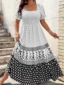 Plus Size Women Elegant Geometric Floral Print Ruffle Hem Vacation Dress Summer - Black and White - View 5