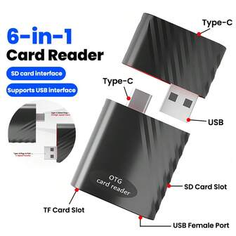 多功能六合一 SD 卡读卡器 USB2.0 SD TF 存储卡智能卡读卡器，适用于相机、笔记本电脑配件，USB 转 Type-C 适配器
