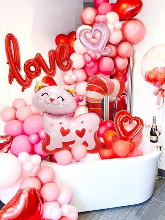 132pcs/Set Valentine's Day Wreath Set, Includes Pink Heart Shaped Cats, "Love" Connected Letter Balloons, Red & Pink Swirl Heart Foil Balloons, Pink, Red, Burgundy Latex Balloons, Suitable For Valentine's Day Party Decor, Proposal, Newlywed Decor, Wedding, Romantic Party Decor, Birthday, Indoor Valentine's Day Decoration