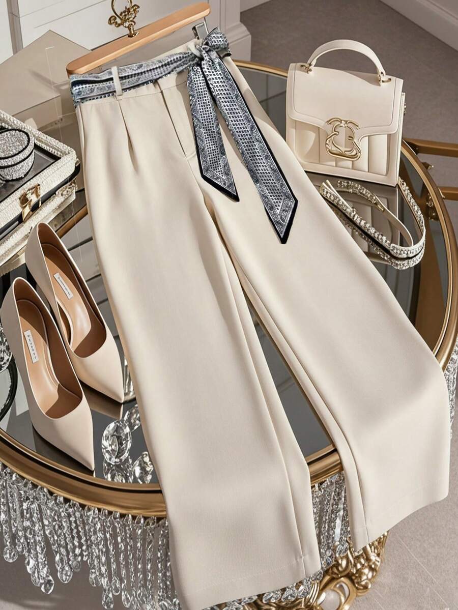 Women's New Spring/Summer Elegant Slimming Scarf Tie Wide Leg Pants For Commuting - Apricot - View 1