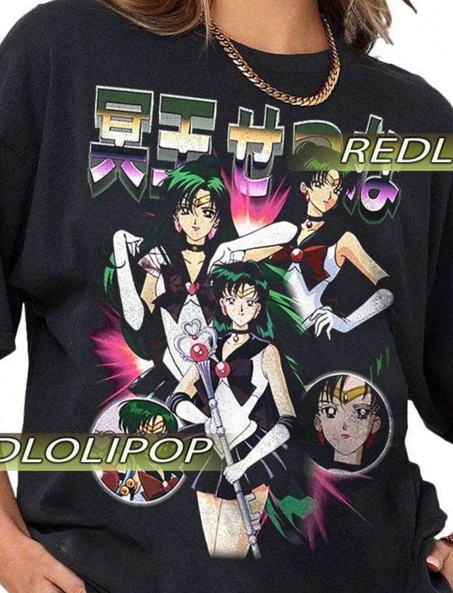 Casual Women's Black Round Neck Short Sleeve T-Shirt With Anime Character Print Regular Length Knitted Fabric Slight Stretch Top - 黑色 - 查看 1
