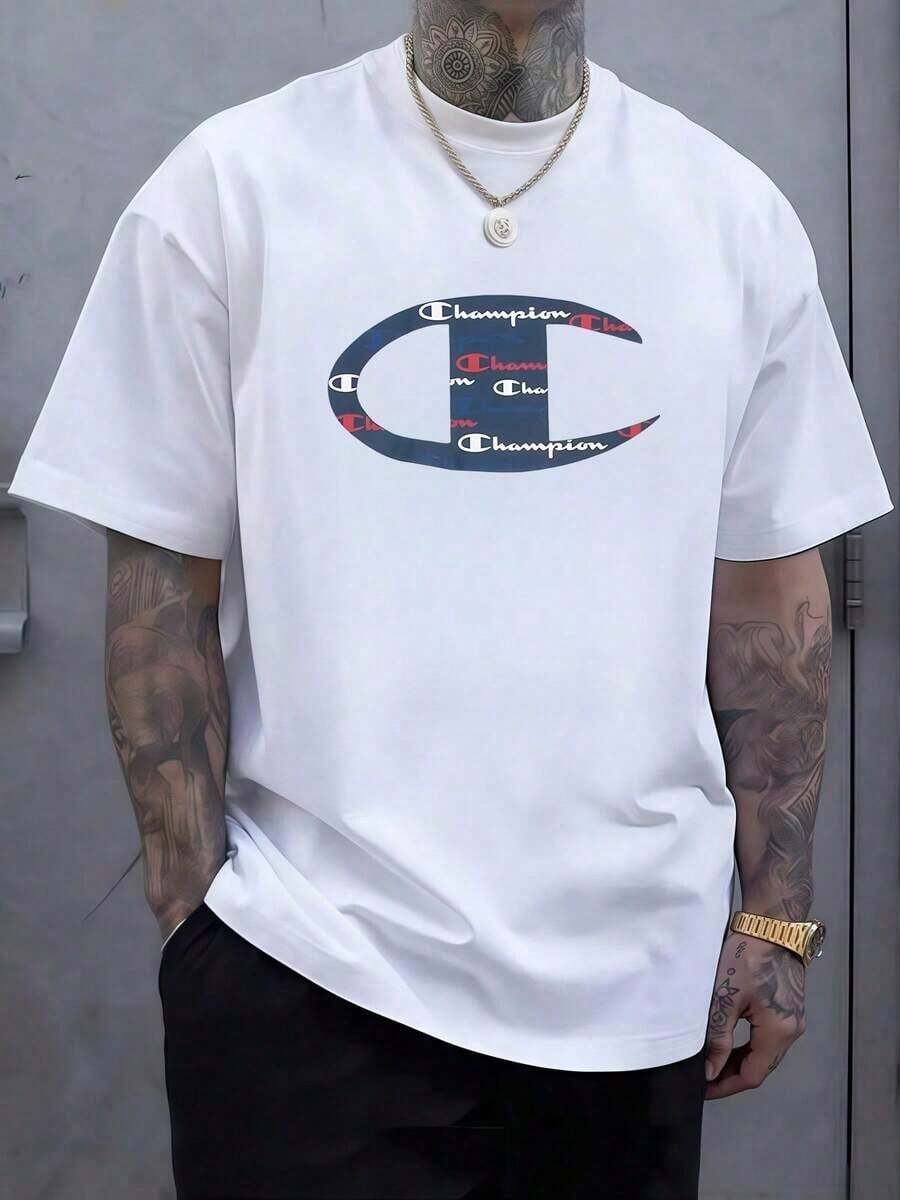 Graphic Cotton T-Shirt Bold Oversized C Logo Filled With Repeated Champion Text In Red Blue And Black Symbolizing Strength Unity And Perseverance  Cotton Casual Tee For Men Y2K,Oversize Plus Size Men's S To 5XL,Summer Tee - 白色 - 查看 1