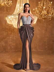 Brown Strapless Sequin Corset Evening Gown With High Slit, Sexy Formal Mermaid Dress For Women, Sparkly Prom Gown, Luxury Gala Dress, Off Shoulder Beaded Long Dress, Red Carpet Slim Fit Maxi Dress